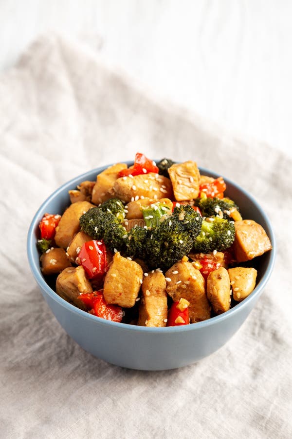 Homemade One-Pan Chicken and Broccoli Stir-Fry in a Bowl, Side View