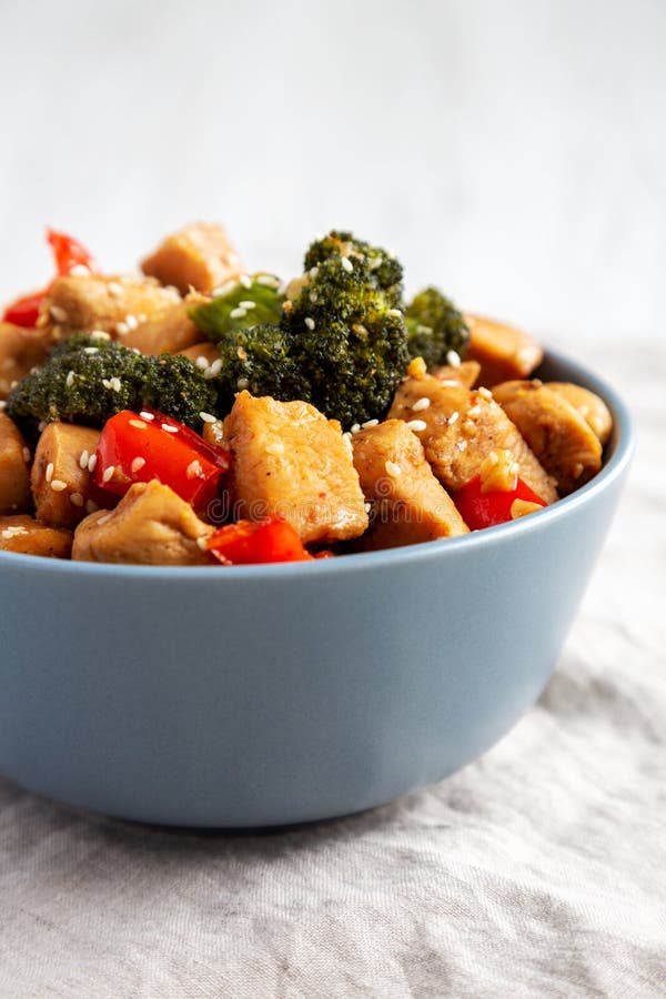 Homemade One-Pan Chicken and Broccoli Stir-Fry in a Bowl, Side View