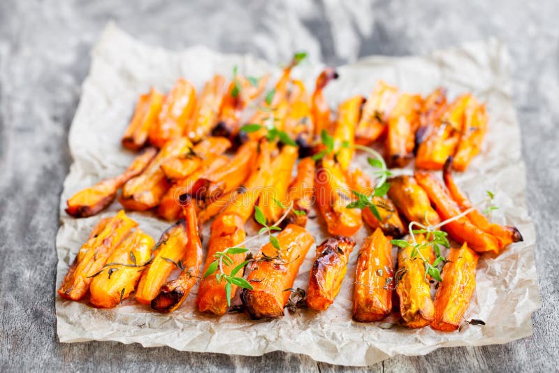 Homemade Oven Baked Carrot Chips with Thyme Stock Image Image of
