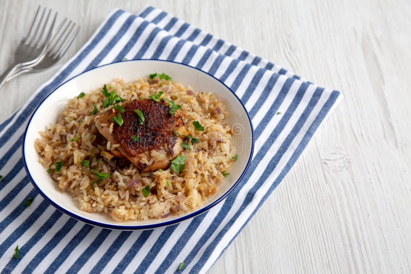 Homemade Paprika Chicken and Rice on a Plate, Side View. Copy Space