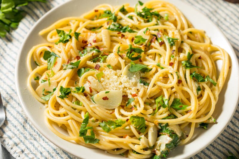 Homemade Pasta Aglio E Olio Dinner Stock Image Image of plate, garlic