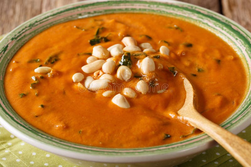 Homemade peanut cream soup close-up. horizontal