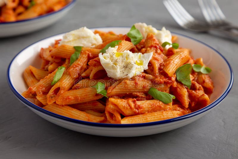 Homemade Penne Alla Vodka with Bacon, Cheese and Basil Stock Photo