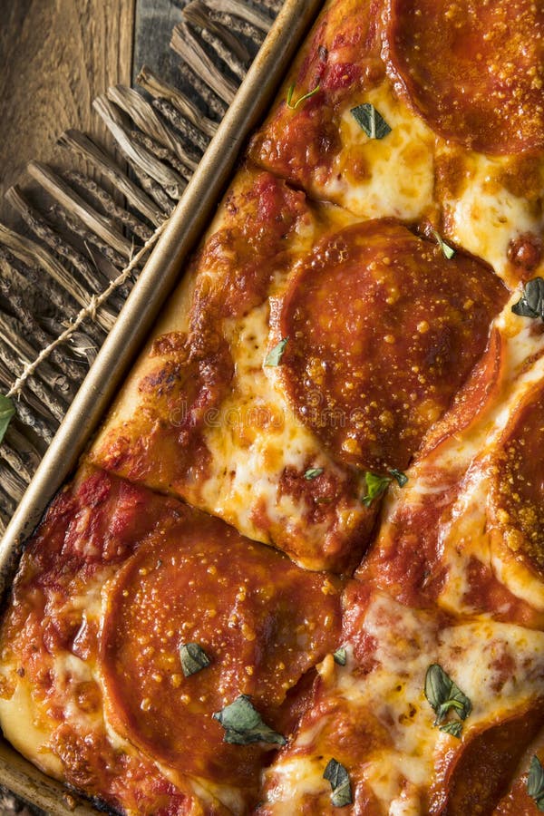 Homemade Pepperoni Sicilian Pan Pizza Stock Image - Image of onion ...