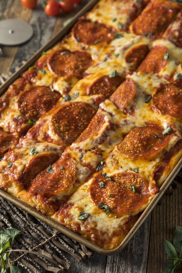 Homemade Pepperoni Sicilian Pan Pizza Stock Image - Image of ...