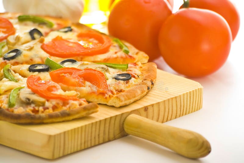 Homemade pizza fresh tomato olive mushroom cheese