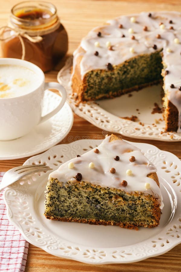 Homemade Poppy Seed Cake and Cup of Coffee. Stock Photo Image of