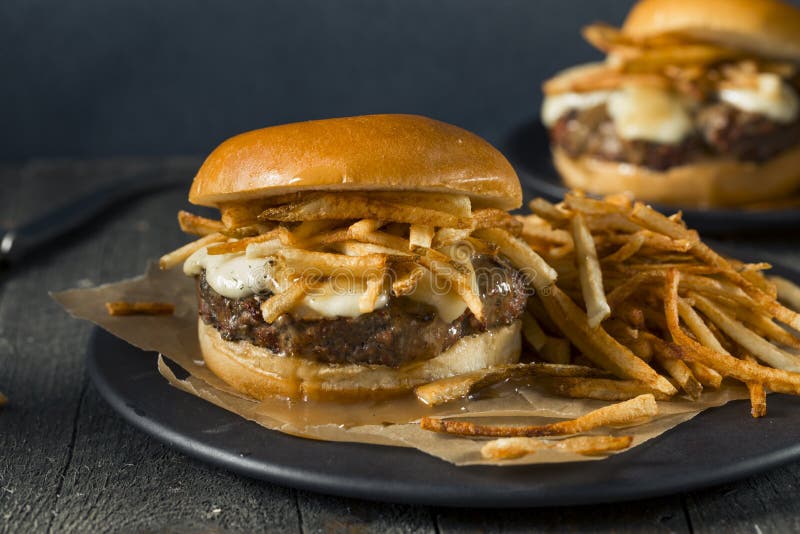 Homemade Poutine Hamburger with Fries royalty free stock images Homemade Poutine Hamburger with Fries royalty free stock images