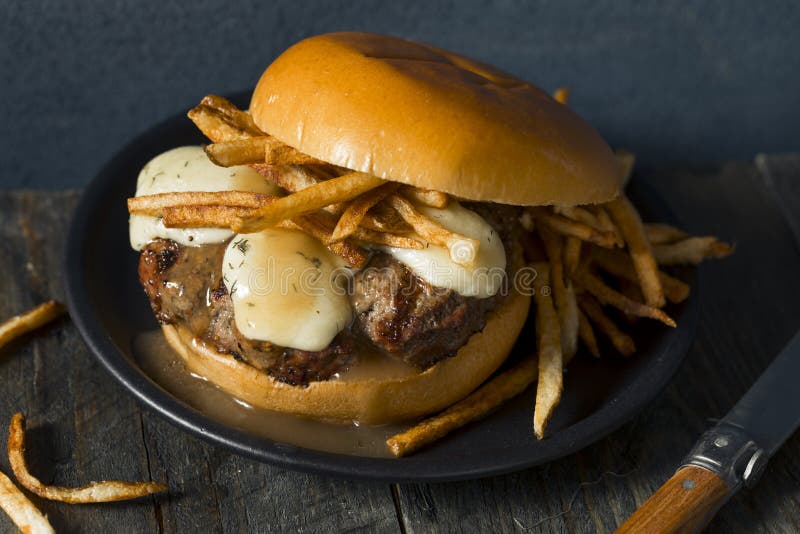Homemade Poutine Hamburger with Fries royalty free stock photography Homemade Poutine Hamburger with Fries royalty free stock photography
