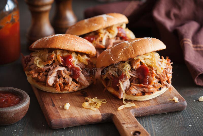 Homemade Pulled Pork Burger with Caramelized Onion and Bbq Sauce Stock