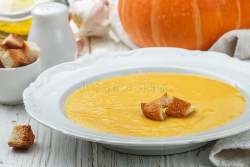 Homemade Pumpkin Cream Soup with Garlic Croutons Stock Image Image of