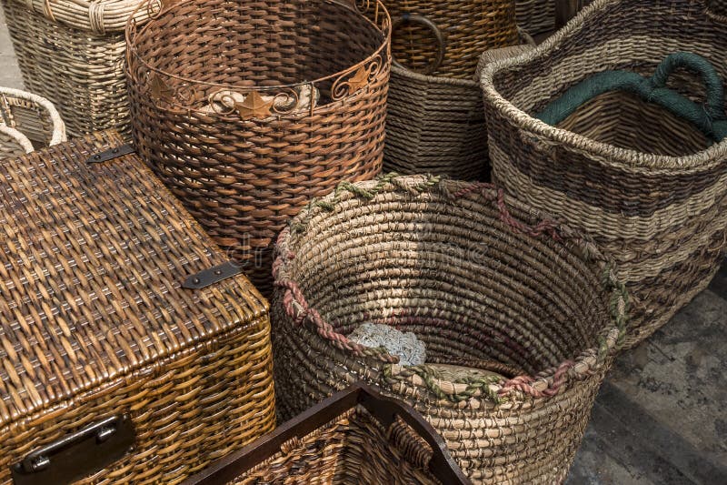 Homemade rattan woven handicrafts for display outside a store at Dapitan Arcade, Quezon City, Philippines
