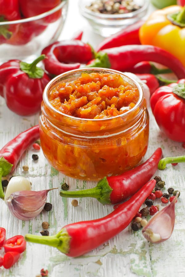 Homemade Red Hot Chilli Sauce in the Glass Jar Stock Image Image of