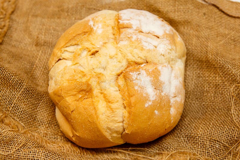 Homemade Round Bread from Wheat Flour Lies on Rough Cloth Stock Photo ...