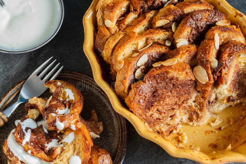 Homemade rustic bread pudding with chocolate and almonds royalty free stock image Homemade rustic bread pudding with chocolate and almonds royalty free stock image