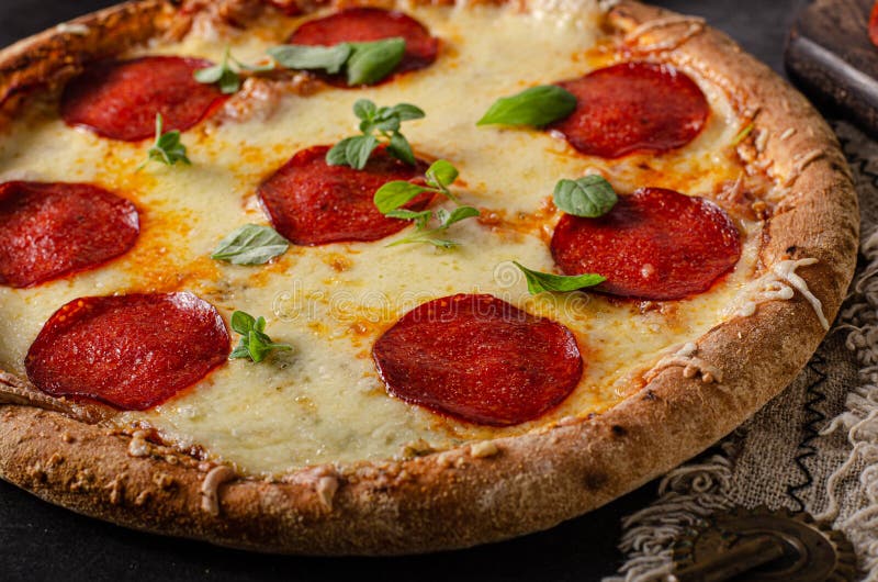 Homemade Salami Pizza with Cheese Corners Stock Image Image of