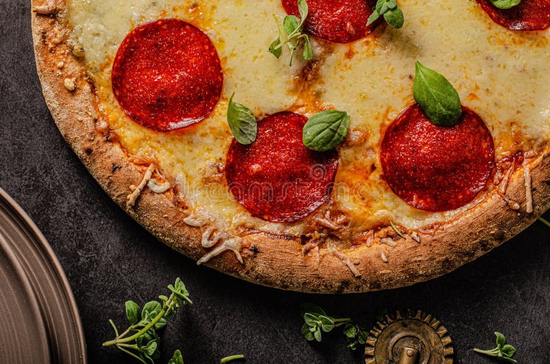 Homemade Salami Pizza with Cheese Corners Stock Photo Image of