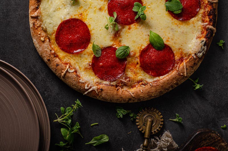 Homemade Salami Pizza with Cheese Corners Stock Image Image of