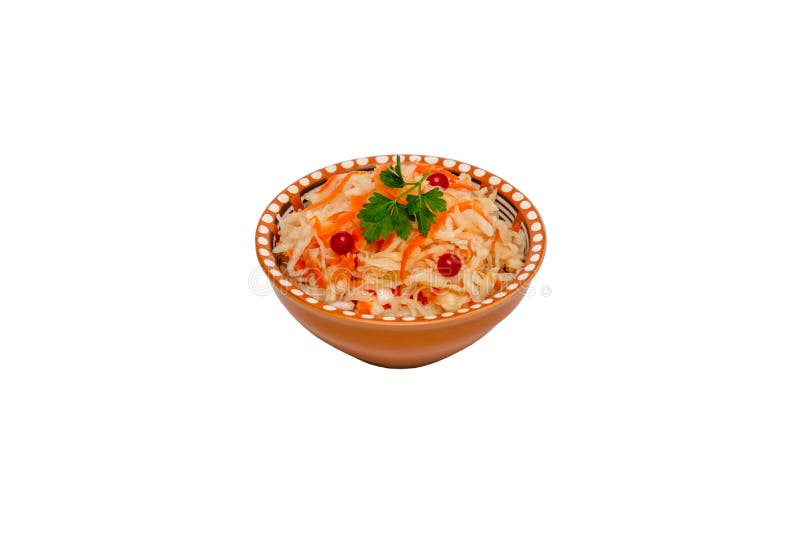 白色背景中突显的一个棕色泥碗里自制的胡萝卜泡菜 发酵食品 天然益生菌 免版税库存照片 白色背景中突显的一个棕色泥碗里自制的胡萝卜泡菜 发酵食品 天然益生菌 免版税库存照片