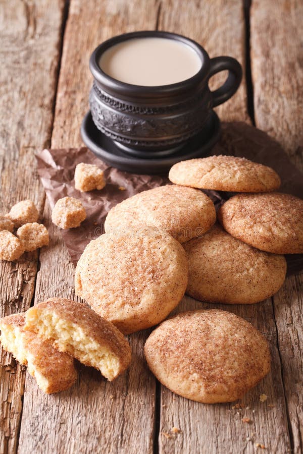 Homemade Snickerdoodle cookies and coffee with milk. vertical