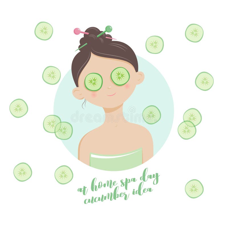 Homemade spa illustration. Pretty girl with a cucumber mask. Beauty, relax, rest and health picture.