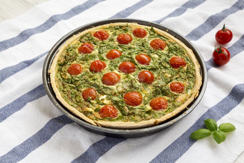 Homemade Spinach Quiche in a Baking Dish, Side View Stock Photo Image