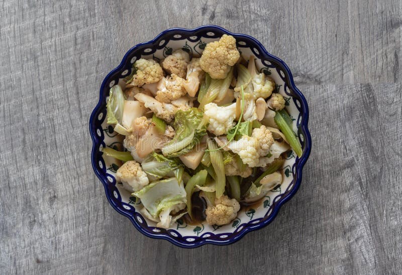 Homemade Stir Fried Oyster Sauce Mixed Vegetables in Ceramic Bowl Stock