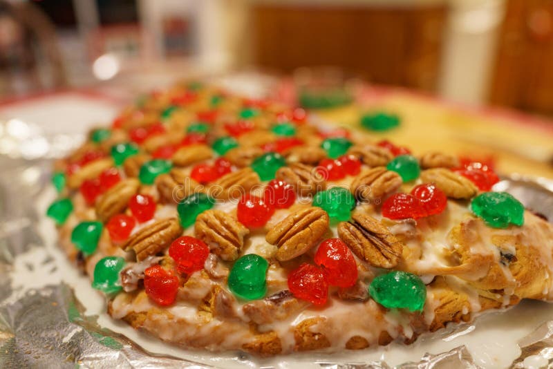 Homemade Stollen with Red and Green Candied Cherries and Pecans Stock