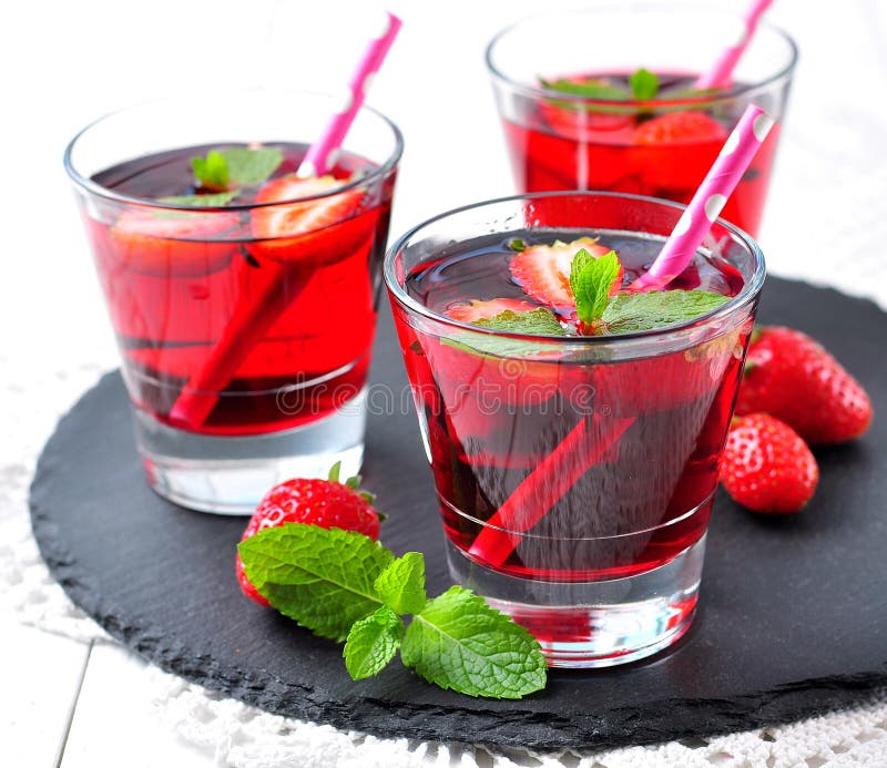 Homemade Strawberry Compote with Fresh Berries, Mint and Ice Cubes