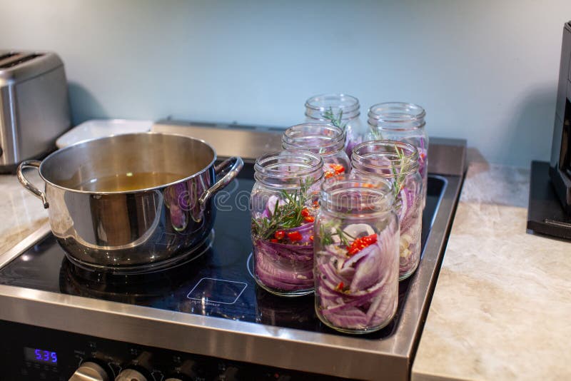 Homemade sweet and spicy pickled red onions sliced in a large mason glass jar