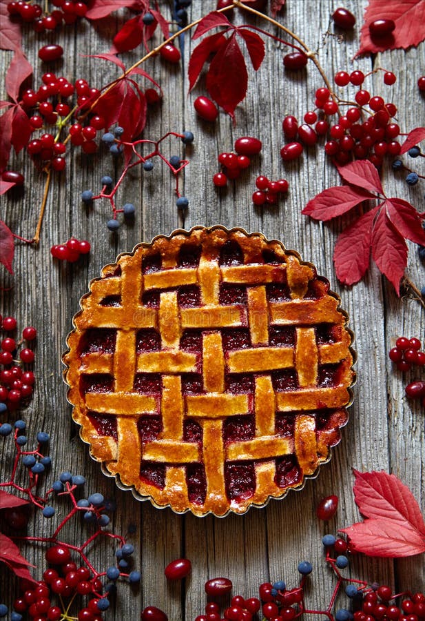 Homemade Thanksgiving raspberry tart pie with jam on wooden table. Autumn creative composition decoration.