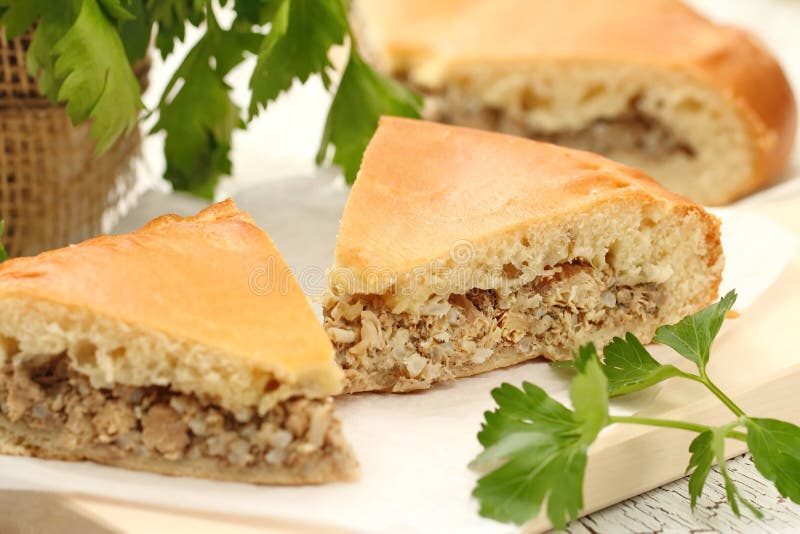 Traditional savory pie kurnik with chicken, potatoes and rice. Homemade  baking. Vertical view Stock Photo