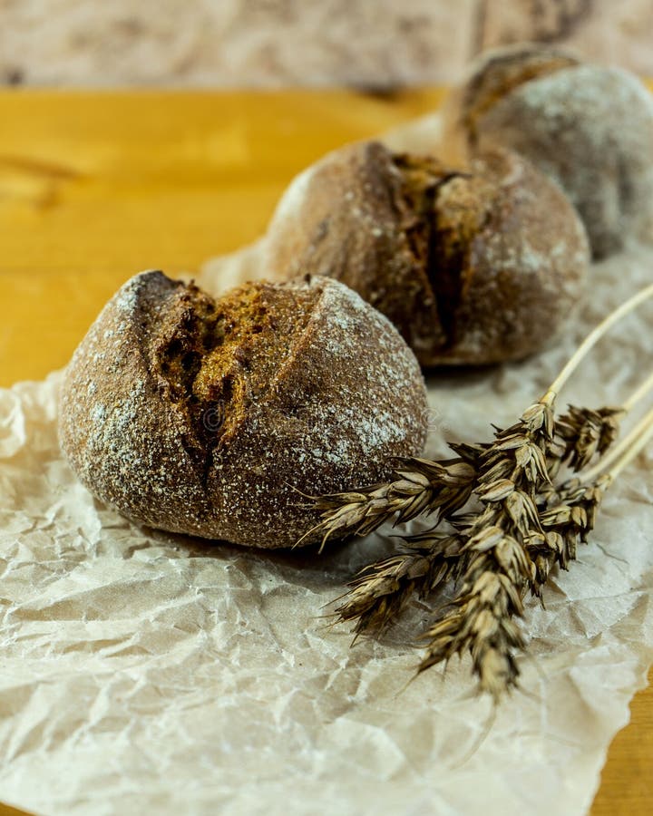 Homemade Wholegrain Sourdough Bread, Wheat Grains and Spikelets. Wheat