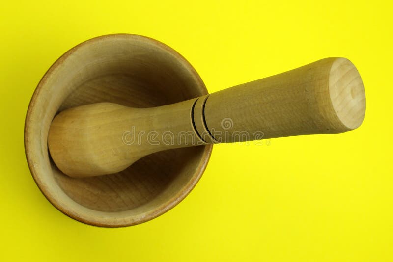 Download Homemade Wooden Mortar And Pestle On A Yellow Background Stock Image - Image of mortar, dish ...