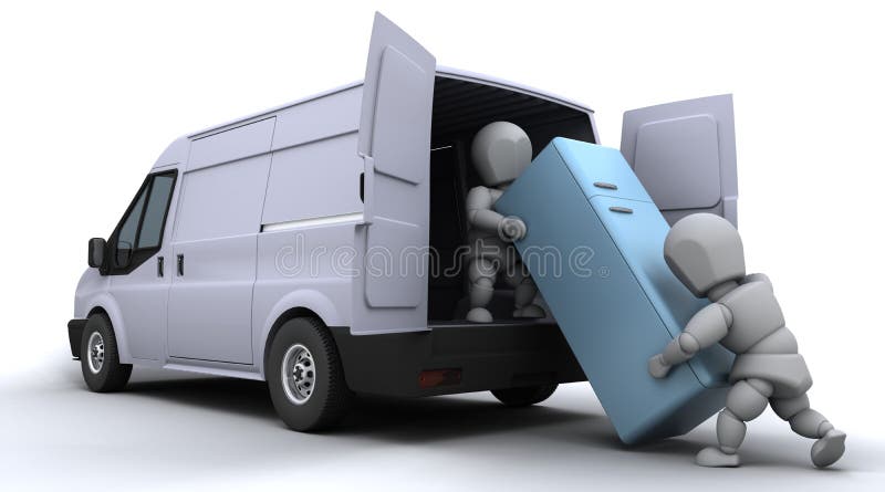 3D render of removal men loading a van. 3D render of removal men loading a van