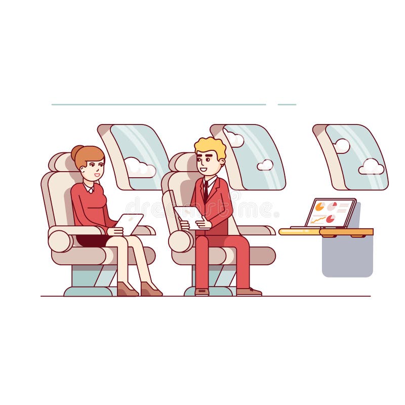 Businessmen siting in a business jet salon discussing upcoming negotiations. Business metaphor of highest level management. Modern flat style thin line vector illustration isolated on white background. Businessmen siting in a business jet salon discussing upcoming negotiations. Business metaphor of highest level management. Modern flat style thin line vector illustration isolated on white background