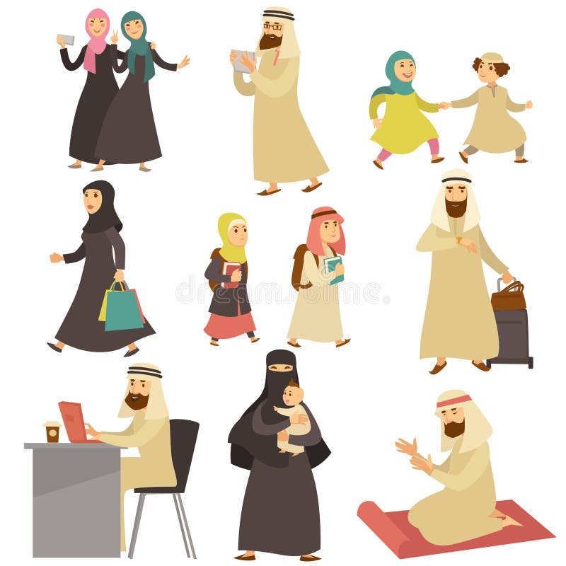 Homens e mulheres muçulmanos no grupo da vida quotidiana ilustração do vetor Homens e mulheres muçulmanos no grupo da vida quotidiana ilustração do vetor
