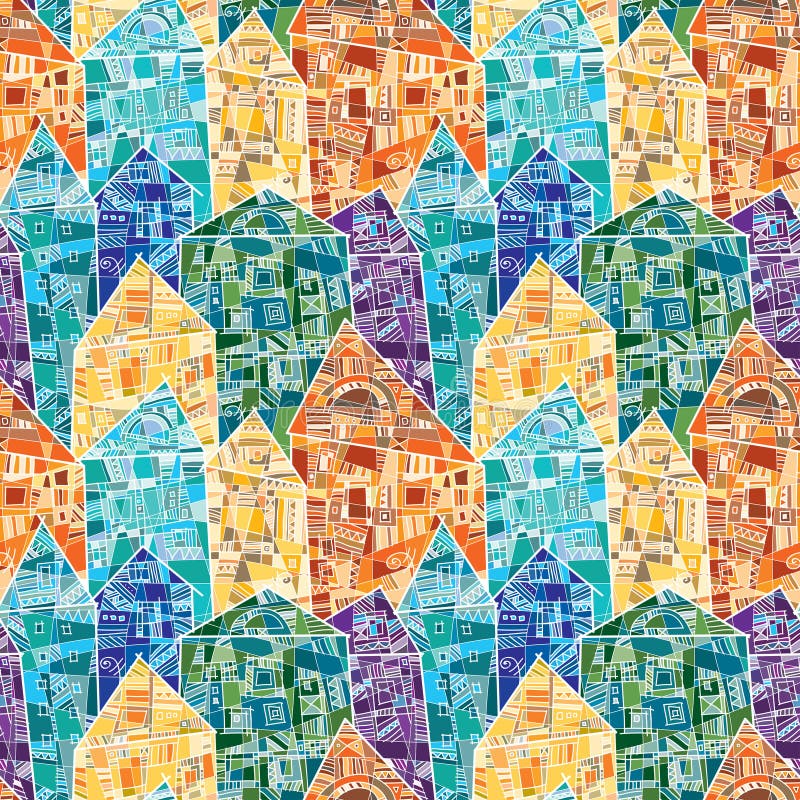 Seamless vector pattern with colorful houses decorated as a mosaic with many geometric details stock illustration Seamless vector pattern with colorful houses decorated as a mosaic with many geometric details stock illustration