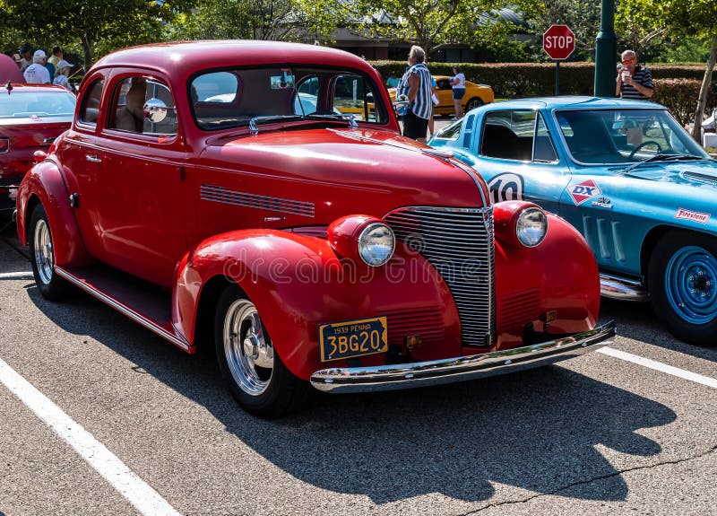 Homestead, Pennsylvania, USA July 19, 2022 A red 1939 Chevrolet coupe at the Homestead Waterfront car show associated with the Pittsburgh Grand Prix.