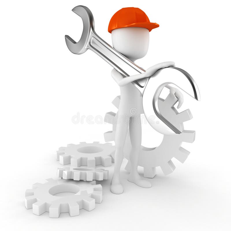 3d man worker holding a big wrench, isolated on white background. 3d man worker holding a big wrench, isolated on white background