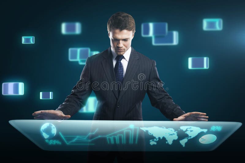 Homme appuyant le type de pointe de boutons modernes Homme appuyant le type de pointe de boutons modernes