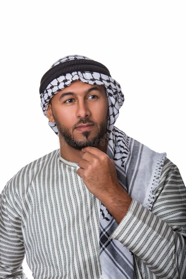 Homme arabe palestinien le costume traditionnel et en faisant un geste de pensée photographie stock Homme arabe palestinien le costume traditionnel et en faisant un geste de pensée photographie stock