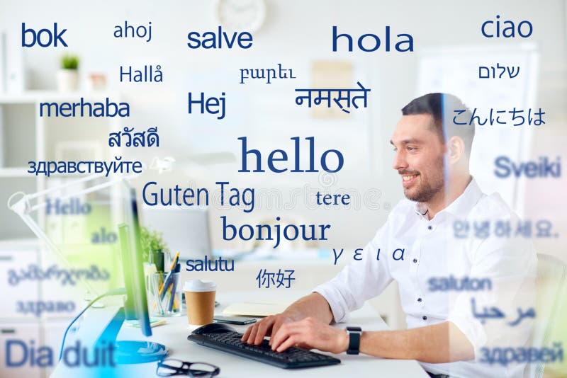 Translation, business, and technology concept - smiling male translator or businessman typing on computer keyboard at office over greeting words in different foreign languages. Translation, business, and technology concept - smiling male translator or businessman typing on computer keyboard at office over greeting words in different foreign languages