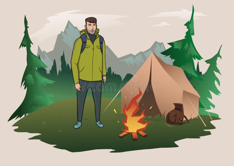 Homme avec le sac à dos sur le fond du paysage de montagne Le feu et tente Tourisme de montagne, augmentant, extérieur actif illustration stock Homme avec le sac à dos sur le fond du paysage de montagne Le feu et tente Tourisme de montagne, augmentant, extérieur actif illustration stock