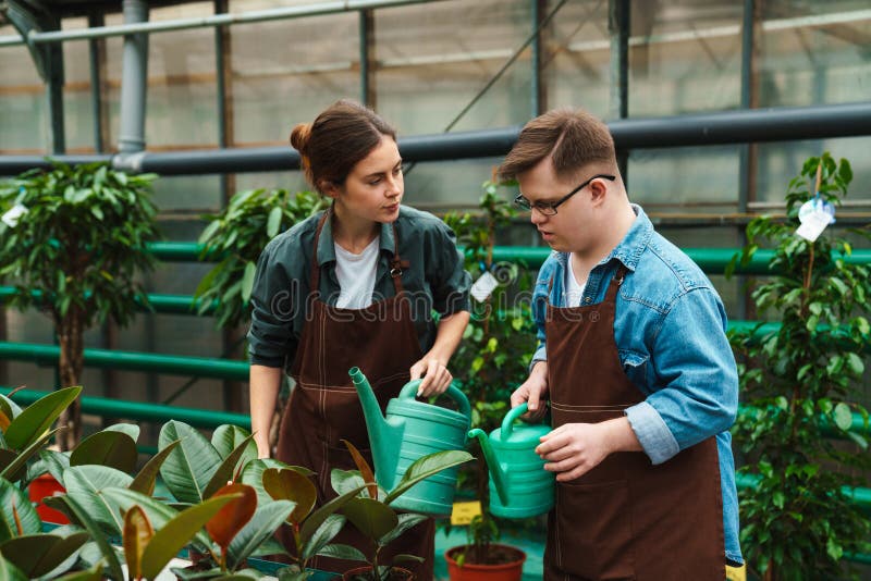 Homme avec le syndrome de down et femme jardinier arroseurs en serre image stock