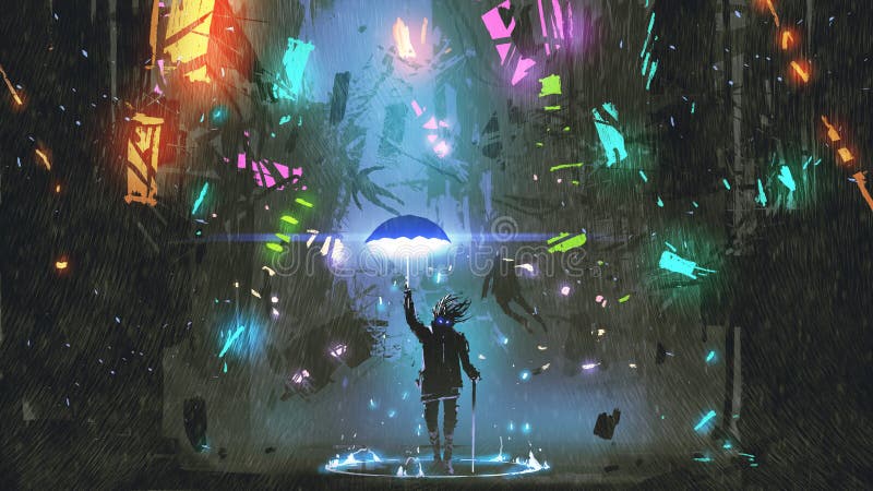 Homme avec un parapluie magique détruisant la ville illustration stock Homme avec un parapluie magique détruisant la ville illustration stock