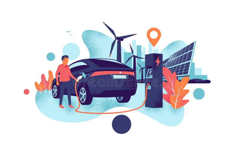 Homme chargeant une voiture électrique de la station de panneaux solaires et d'énergie éolienne et du style de grain d'horizon de illustration stock Homme chargeant une voiture électrique de la station de panneaux solaires et d'énergie éolienne et du style de grain d'horizon de illustration stock