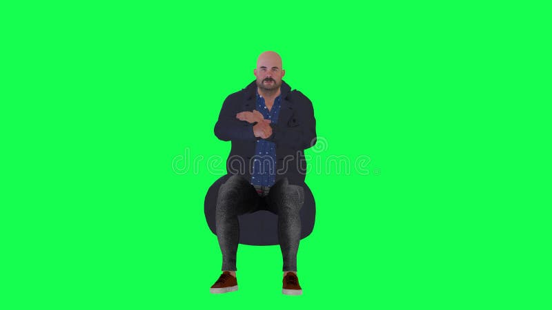 Homme chauve en colère dans le manteau de marine et chemise bleue en jouant sur l'écran vert illustration libre de droits