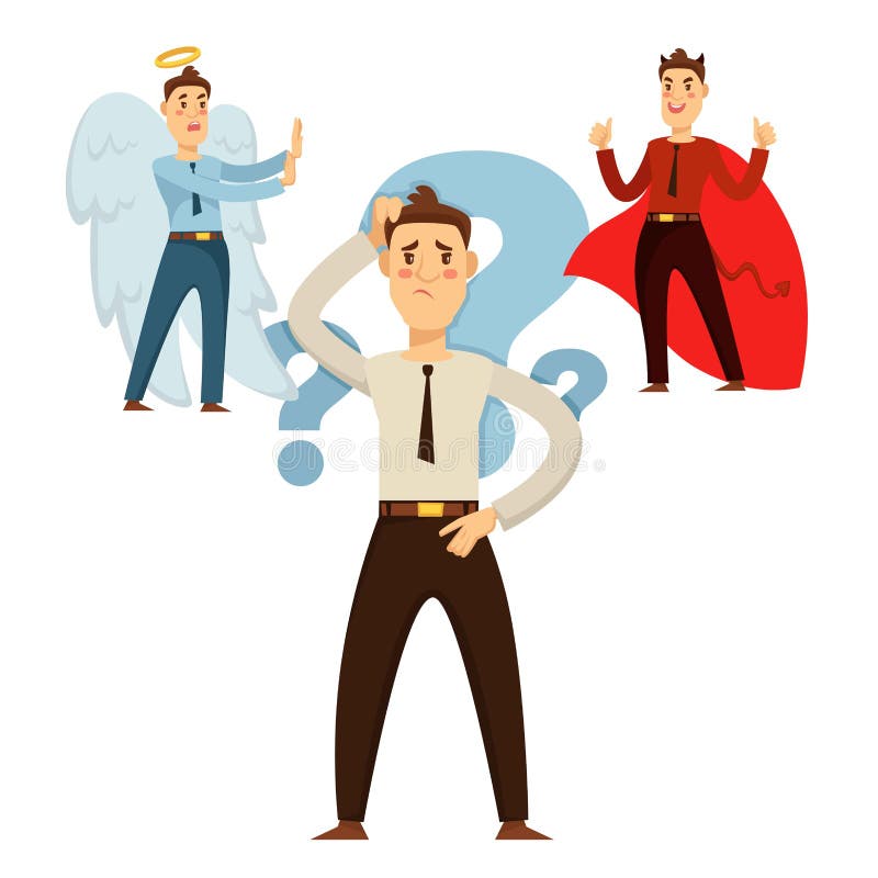 Homme choisissant son comportement, étant bonne ou mauvaise décision illustration stock Homme choisissant son comportement, étant bonne ou mauvaise décision illustration stock