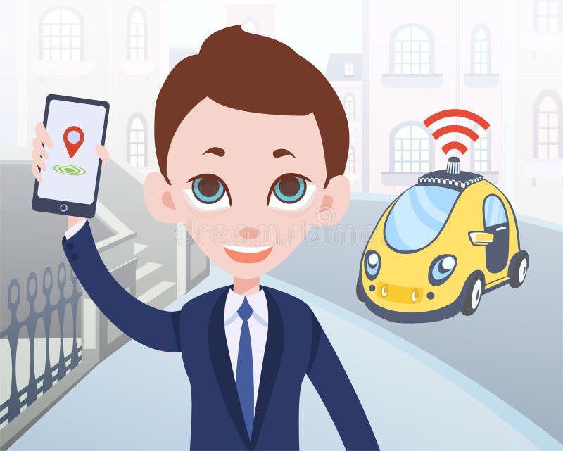 Homme commandant le taxi driverless utilisant l'application mobile Caractère d'homme d'affaires de bande dessinée avec le smartph illustration libre de droits Homme commandant le taxi driverless utilisant l'application mobile Caractère d'homme d'affaires de bande dessinée avec le smartph illustration libre de droits